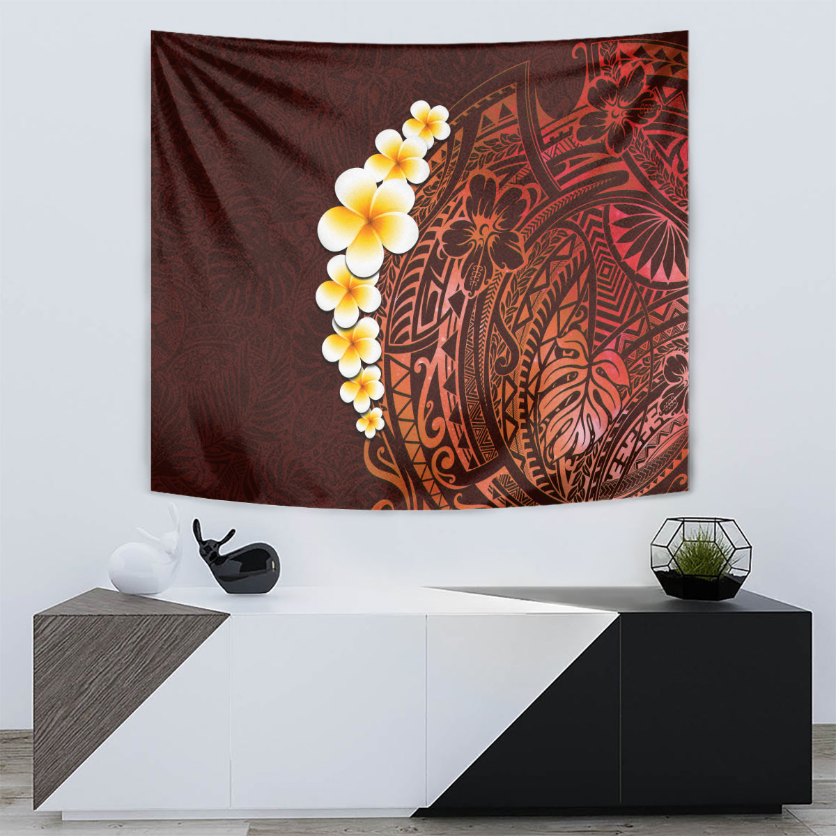 Red Tropical Plumeria With Galaxy Polynesian Art Tapestry - Wonder Print Shop