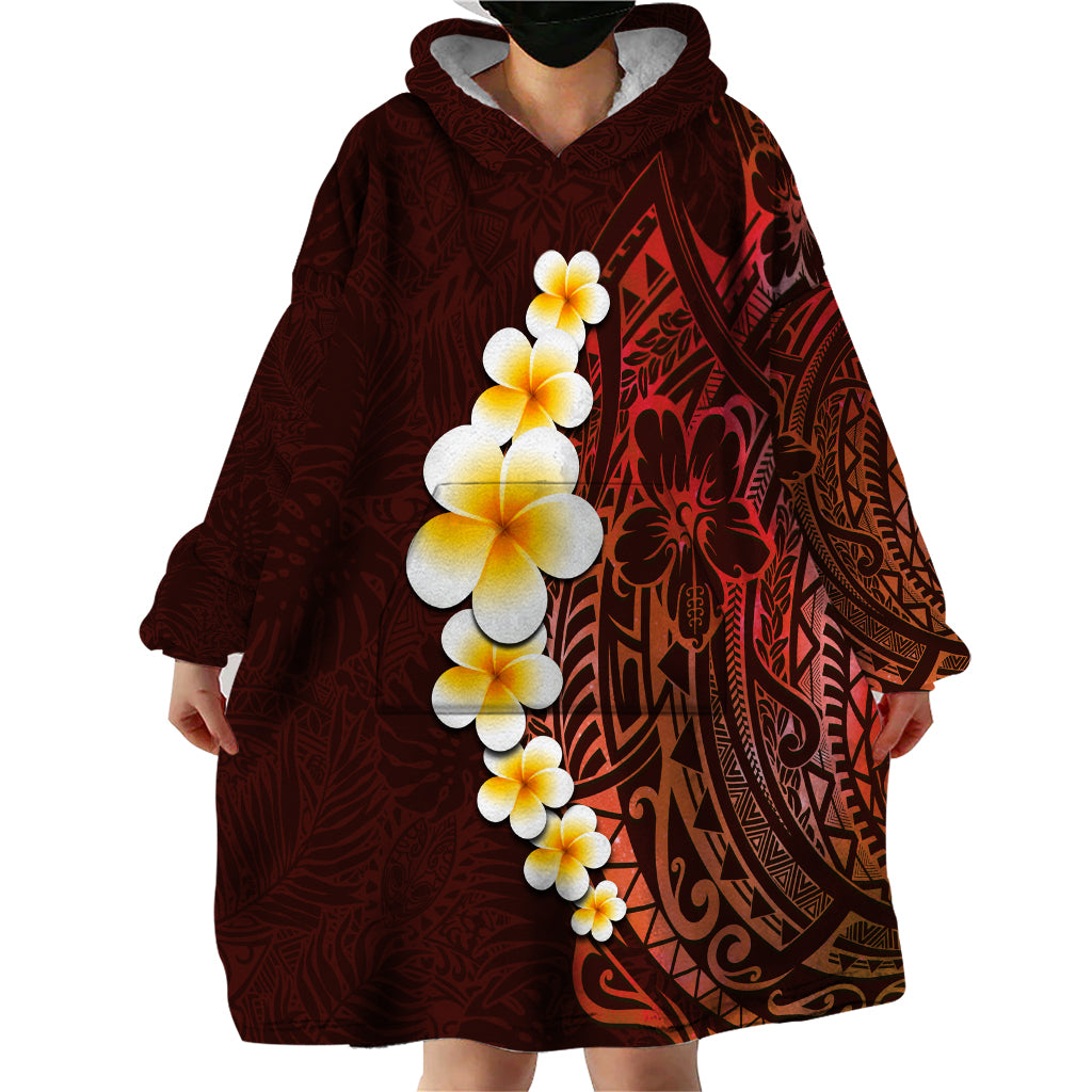 Red Tropical Plumeria With Galaxy Polynesian Art Wearable Blanket Hoodie - Wonder Print Shop