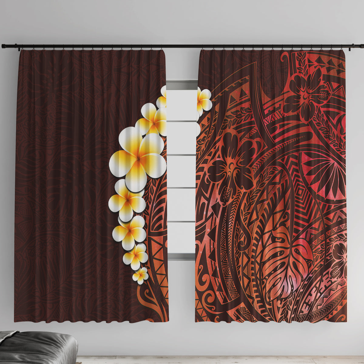 Red Tropical Plumeria With Galaxy Polynesian Art Window Curtain - Wonder Print Shop
