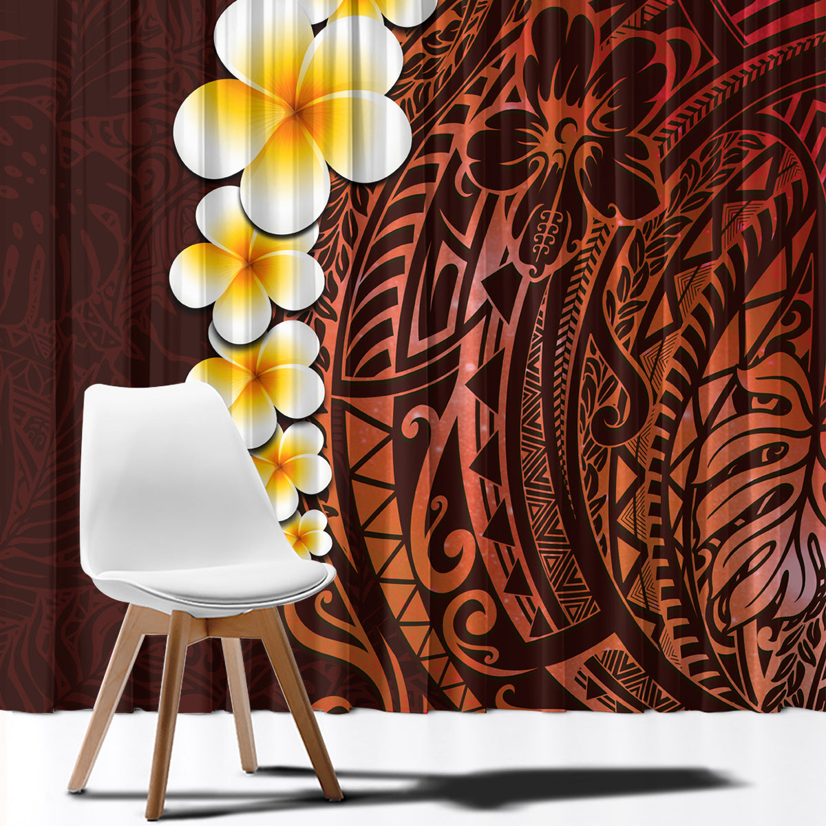 Red Tropical Plumeria With Galaxy Polynesian Art Window Curtain - Wonder Print Shop