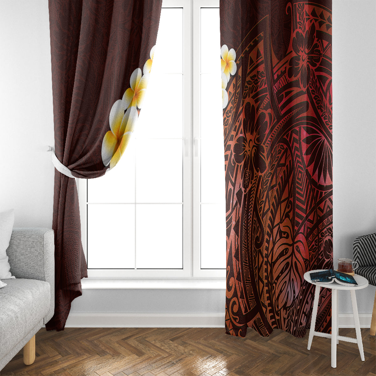 Red Tropical Plumeria With Galaxy Polynesian Art Window Curtain - Wonder Print Shop