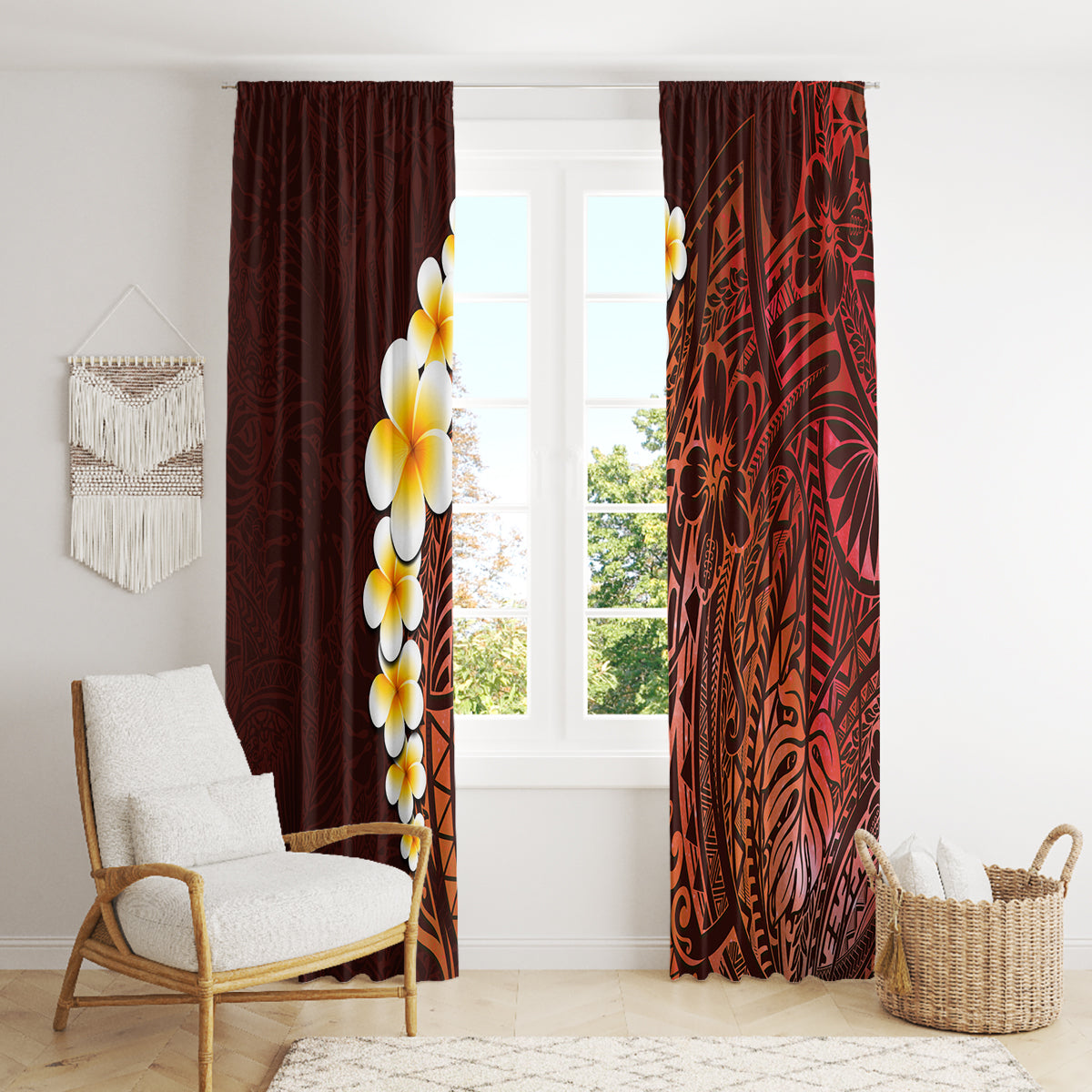 Red Tropical Plumeria With Galaxy Polynesian Art Window Curtain - Wonder Print Shop