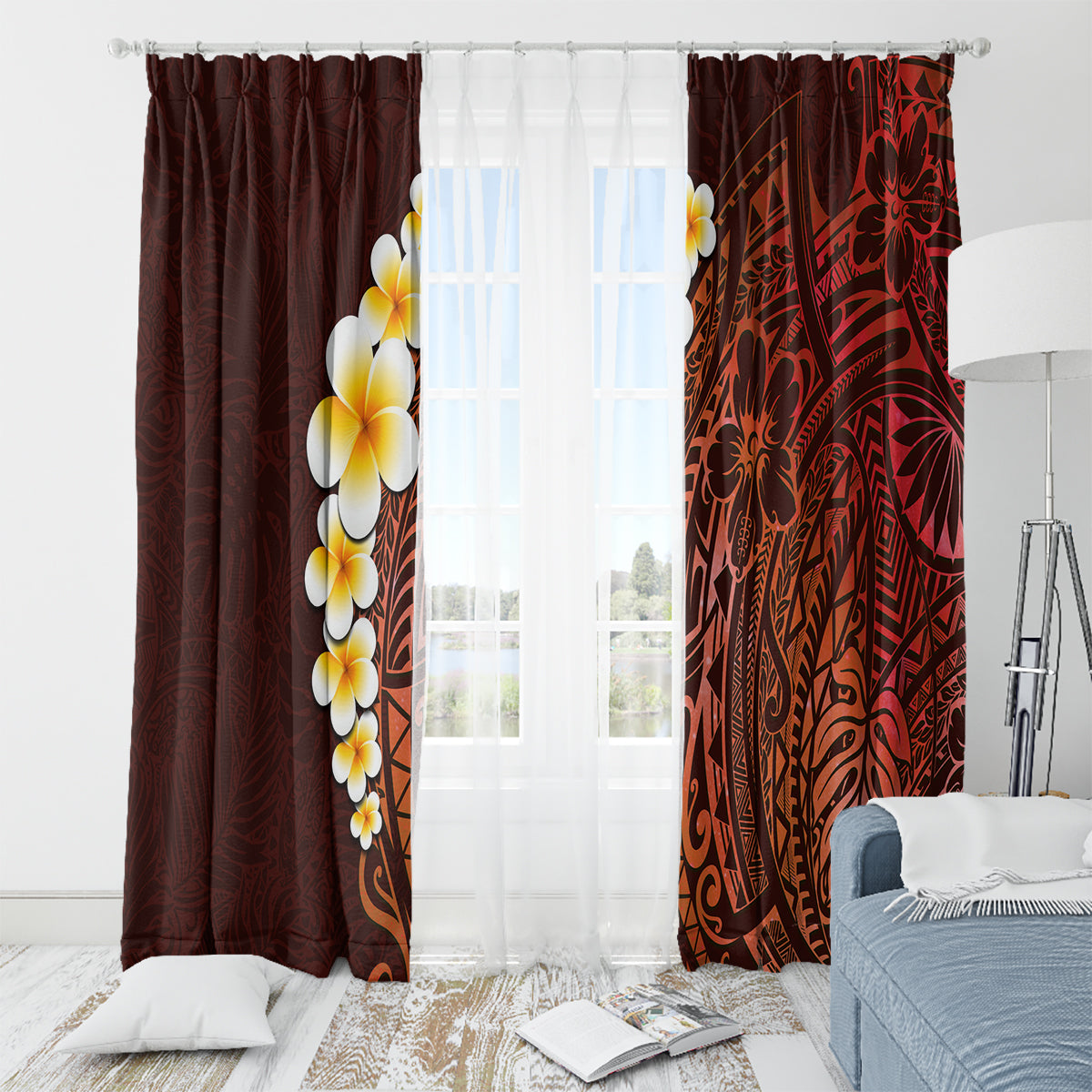 Red Tropical Plumeria With Galaxy Polynesian Art Window Curtain - Wonder Print Shop