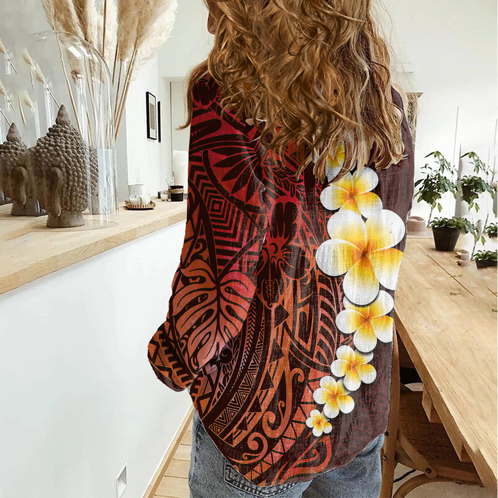 Red Tropical Plumeria With Galaxy Polynesian Art Women Casual Shirt - Wonder Print Shop