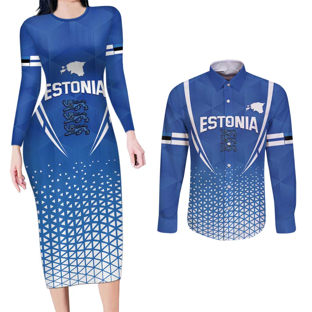 Custom Estonia Football Couples Matching Long Sleeve Bodycon Dress and Long Sleeve Button Shirt Come One Kalevipojad