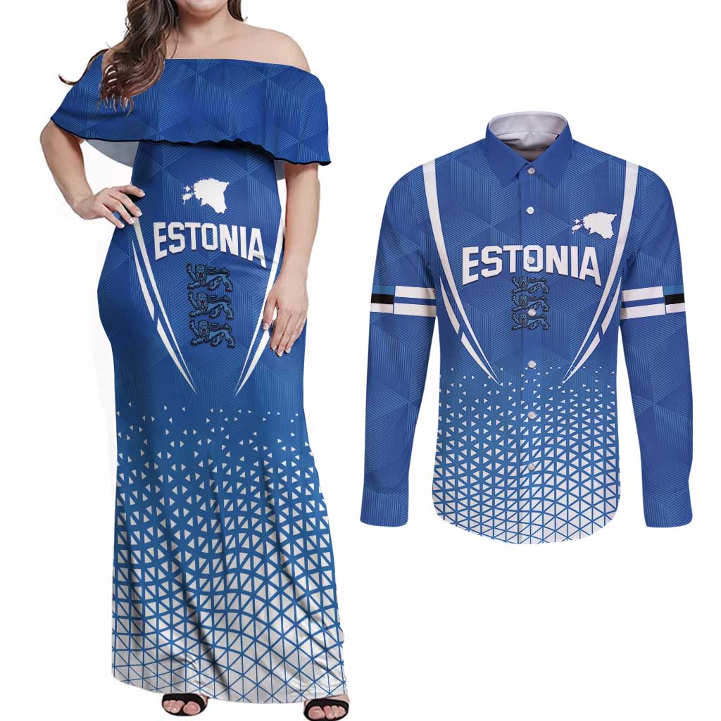 Custom Estonia Football Couples Matching Off Shoulder Maxi Dress and Long Sleeve Button Shirt Come One Kalevipojad