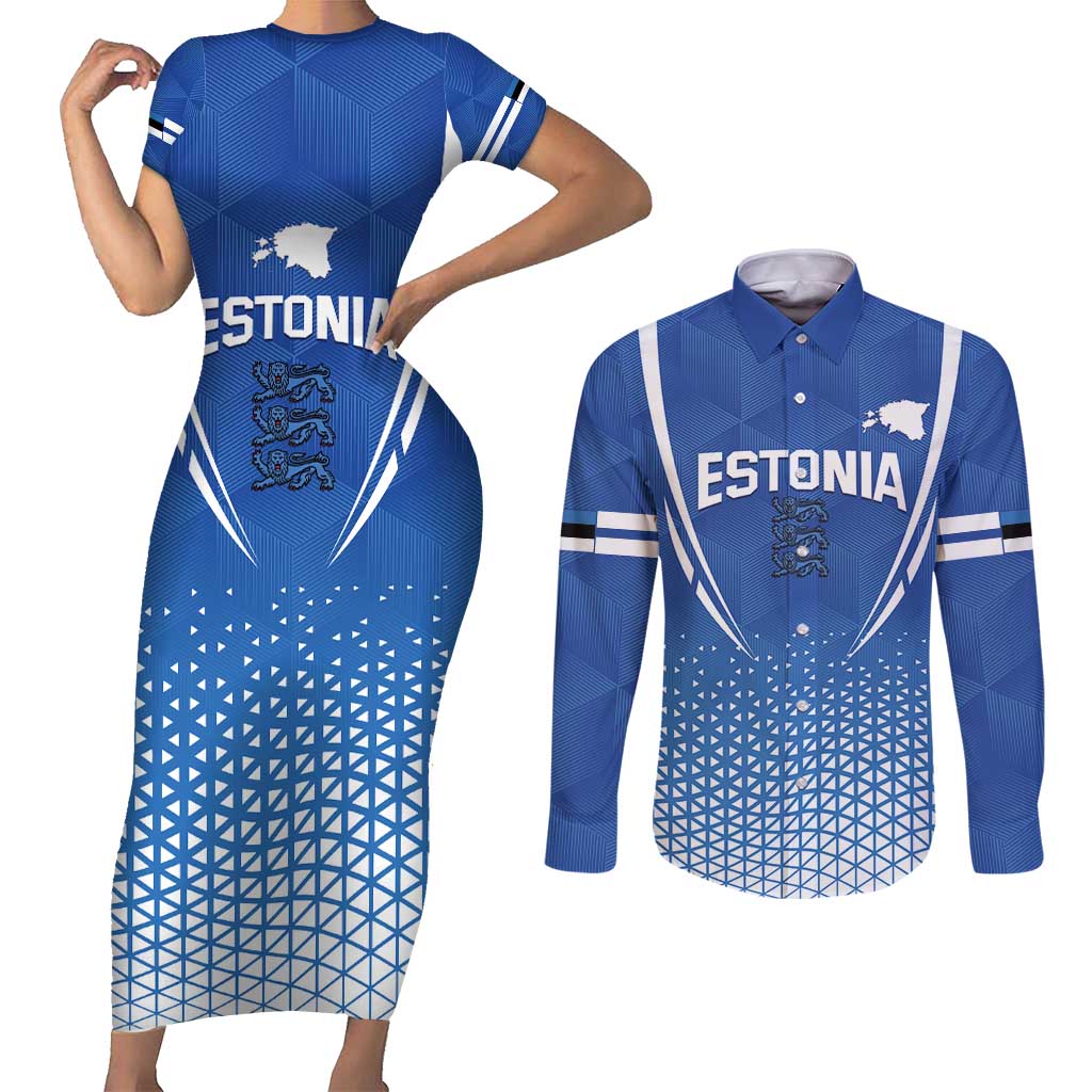 Custom Estonia Football Couples Matching Short Sleeve Bodycon Dress and Long Sleeve Button Shirt Come One Kalevipojad
