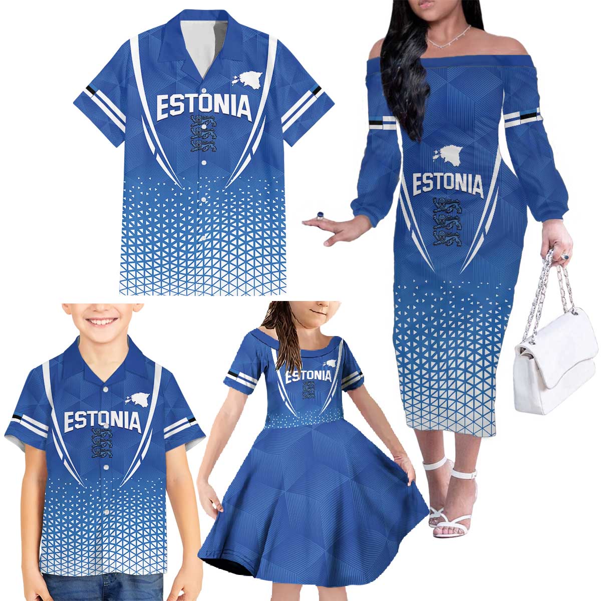 Custom Estonia Football Family Matching Off The Shoulder Long Sleeve Dress and Hawaiian Shirt Come One Kalevipojad