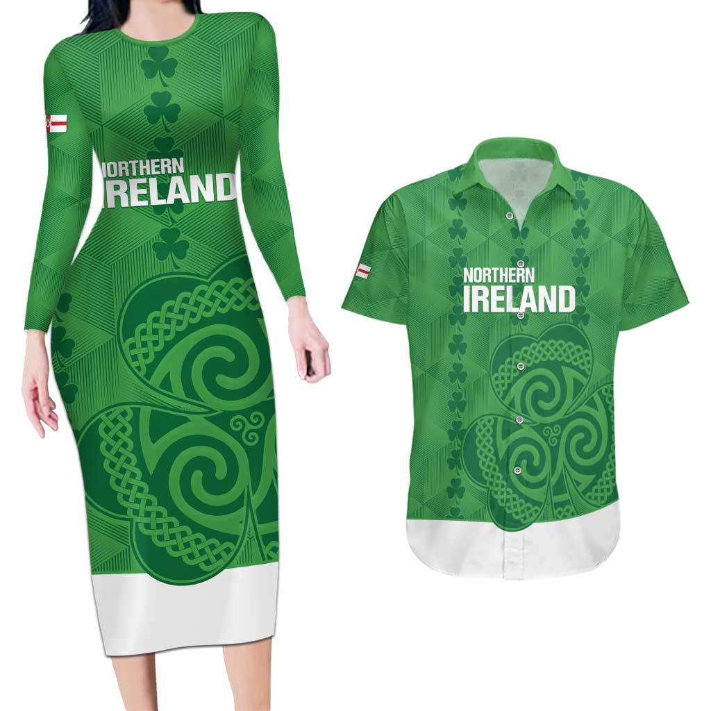 Custom Northern Ireland Couples Matching Long Sleeve Bodycon Dress and Hawaiian Shirt Go Green and White Army