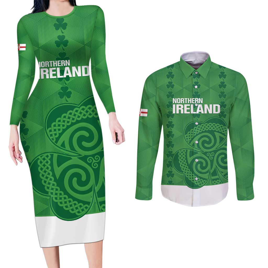 Custom Northern Ireland Couples Matching Long Sleeve Bodycon Dress and Long Sleeve Button Shirt Go Green and White Army