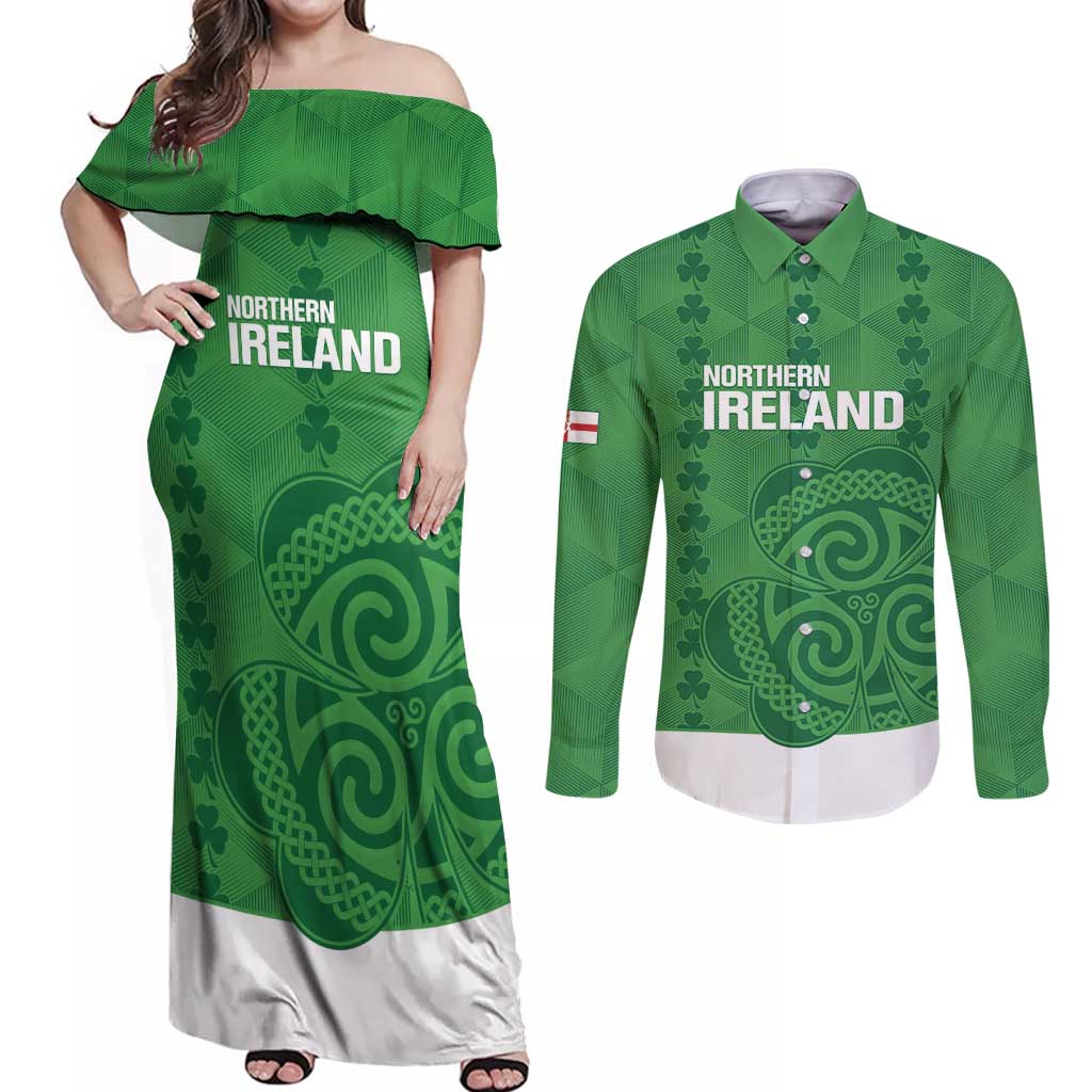 Custom Northern Ireland Couples Matching Off Shoulder Maxi Dress and Long Sleeve Button Shirt Go Green and White Army