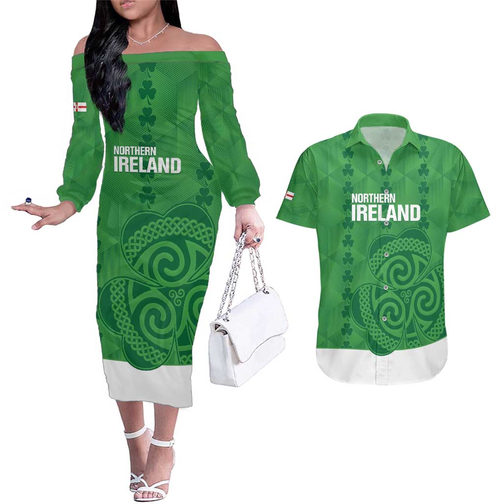 Custom Northern Ireland Couples Matching Off The Shoulder Long Sleeve Dress and Hawaiian Shirt Go Green and White Army