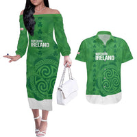 Custom Northern Ireland Couples Matching Off The Shoulder Long Sleeve Dress and Hawaiian Shirt Go Green and White Army