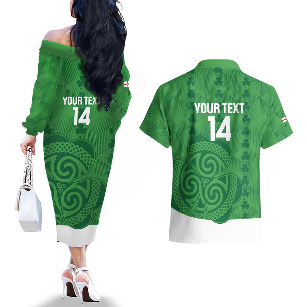Custom Northern Ireland Couples Matching Off The Shoulder Long Sleeve Dress and Hawaiian Shirt Go Green and White Army