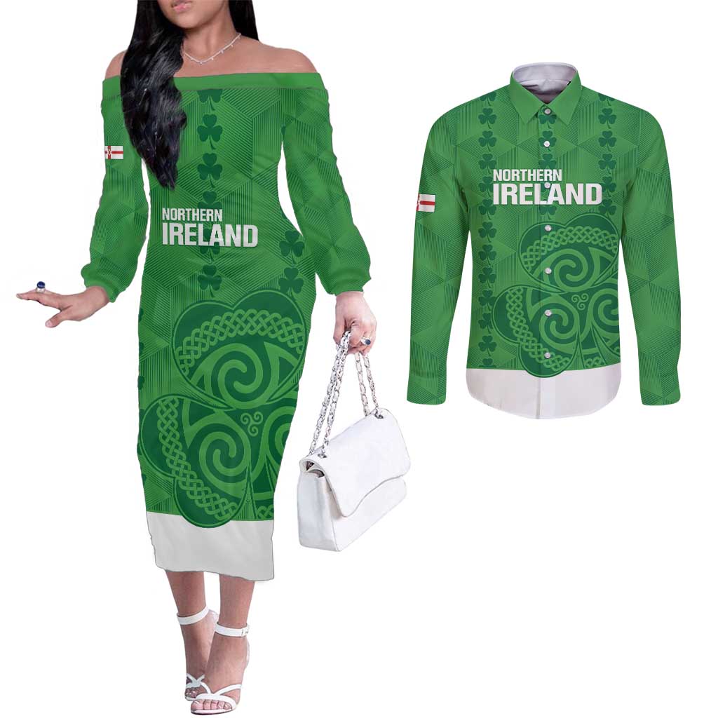 Custom Northern Ireland Couples Matching Off The Shoulder Long Sleeve Dress and Long Sleeve Button Shirt Go Green and White Army