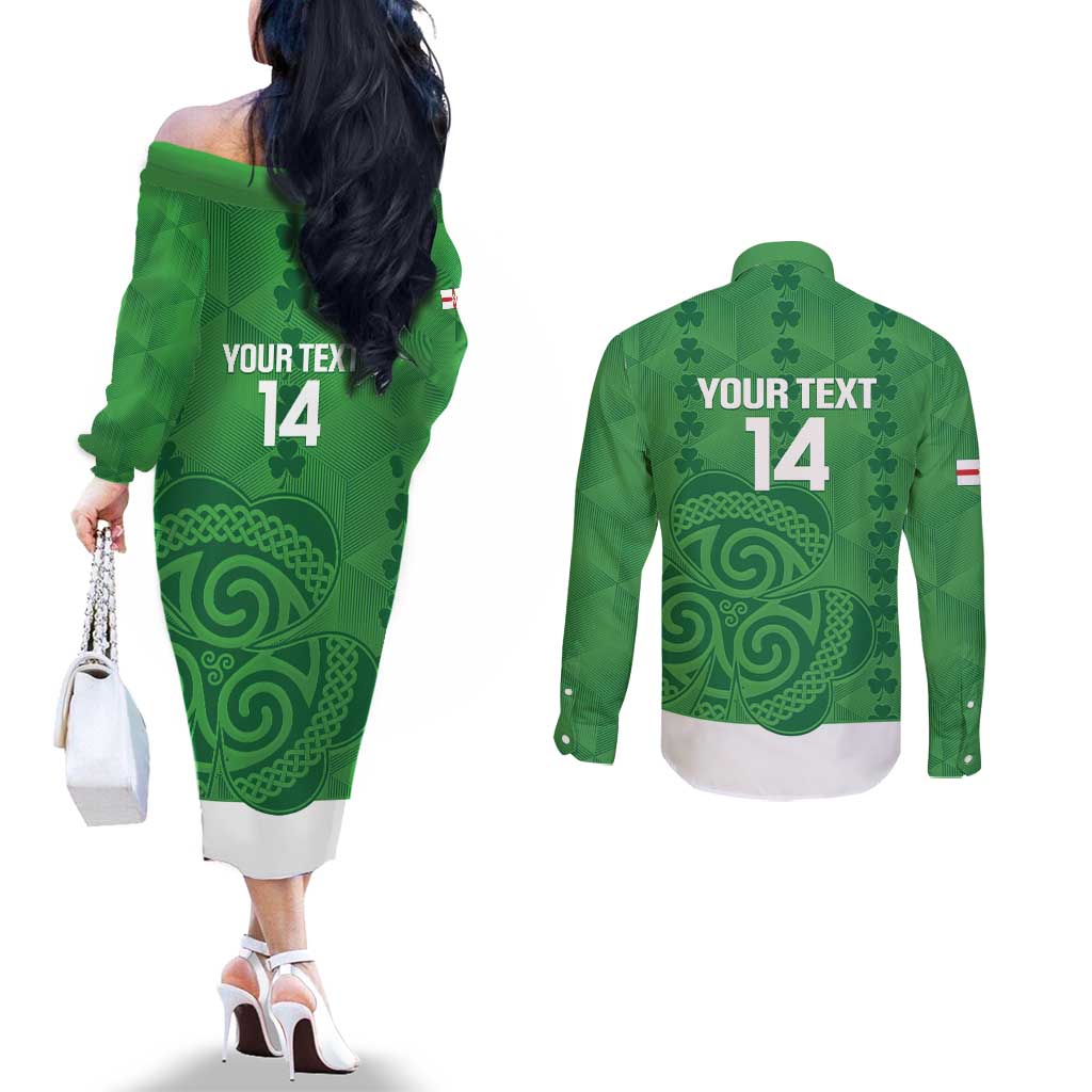 Custom Northern Ireland Couples Matching Off The Shoulder Long Sleeve Dress and Long Sleeve Button Shirt Go Green and White Army