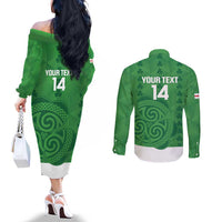 Custom Northern Ireland Couples Matching Off The Shoulder Long Sleeve Dress and Long Sleeve Button Shirt Go Green and White Army