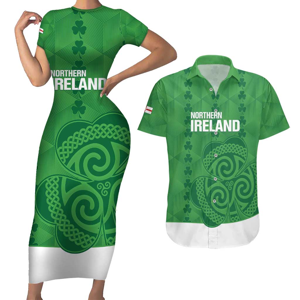 Custom Northern Ireland Couples Matching Short Sleeve Bodycon Dress and Hawaiian Shirt Go Green and White Army