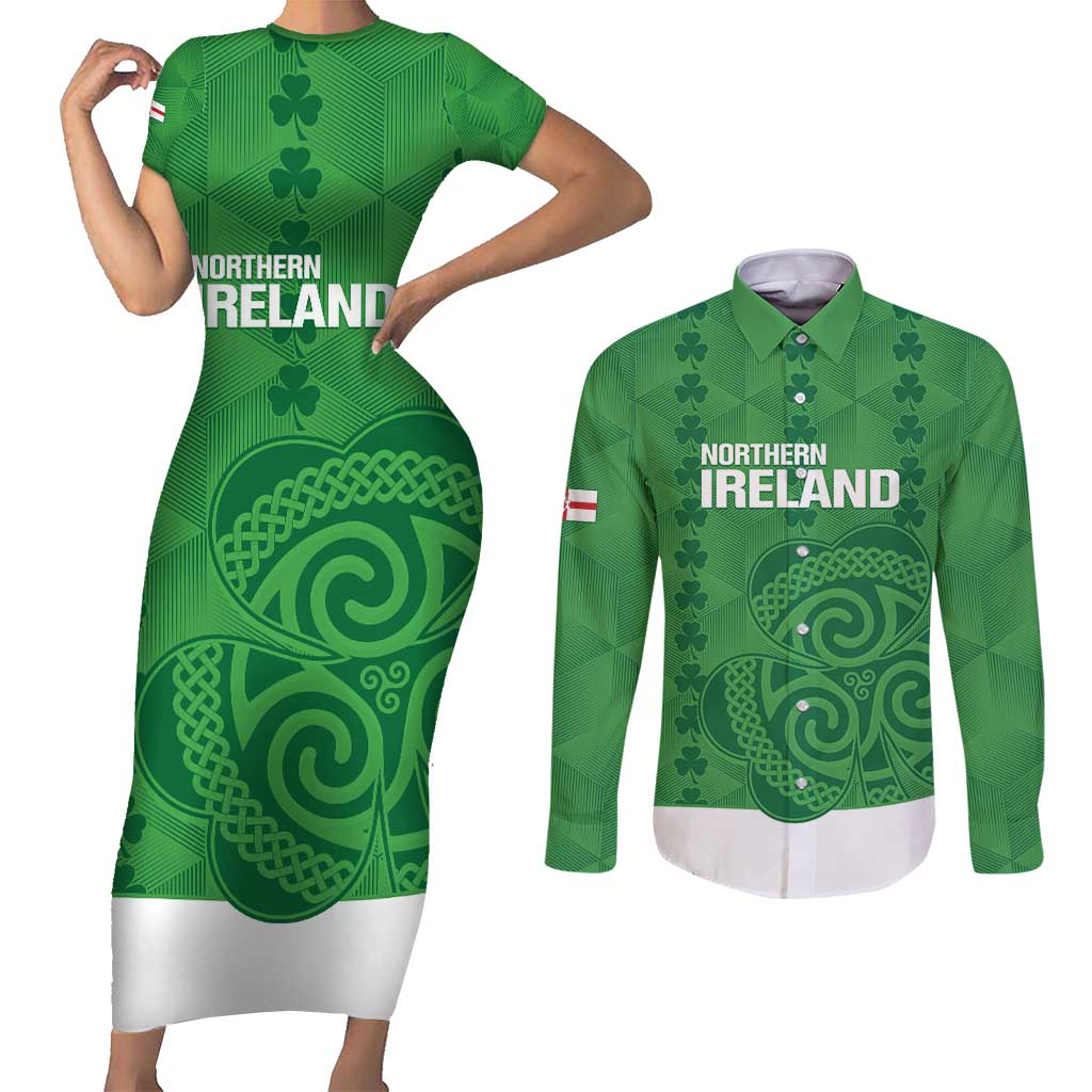 Custom Northern Ireland Couples Matching Short Sleeve Bodycon Dress and Long Sleeve Button Shirt Go Green and White Army