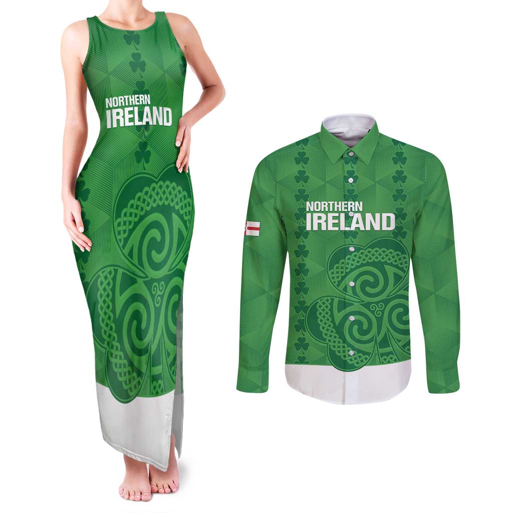 Custom Northern Ireland Couples Matching Tank Maxi Dress and Long Sleeve Button Shirt Go Green and White Army
