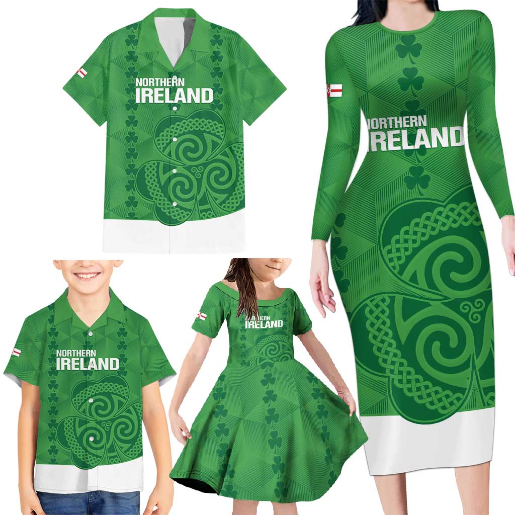 Custom Northern Ireland Family Matching Long Sleeve Bodycon Dress and Hawaiian Shirt Go Green and White Army