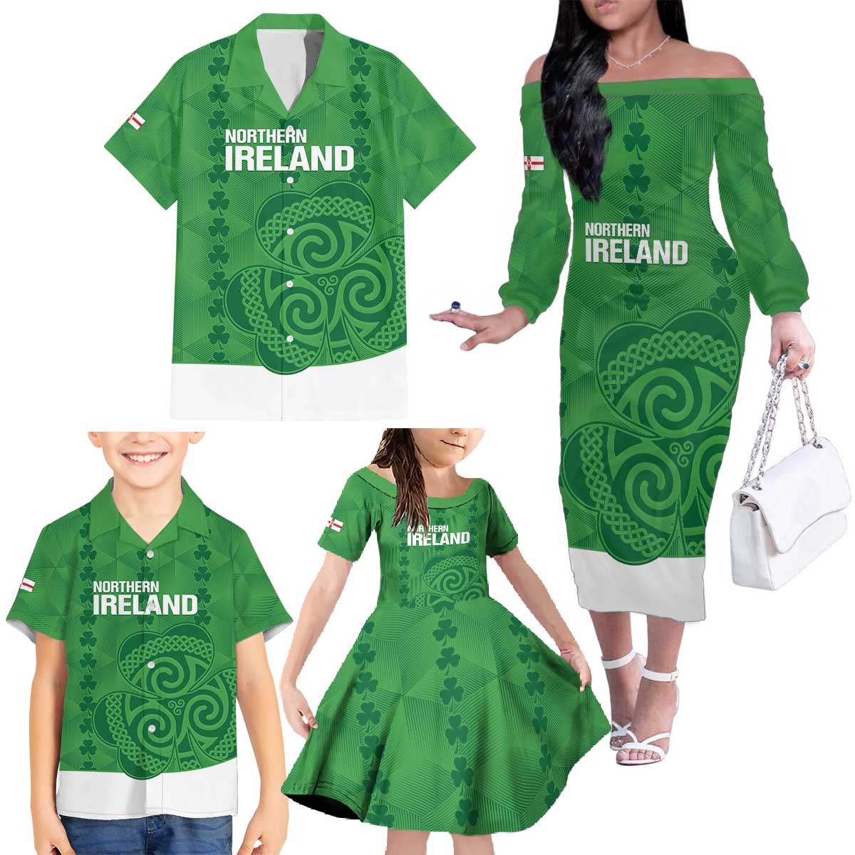 Custom Northern Ireland Family Matching Off The Shoulder Long Sleeve Dress and Hawaiian Shirt Go Green and White Army