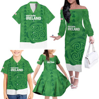 Custom Northern Ireland Family Matching Off The Shoulder Long Sleeve Dress and Hawaiian Shirt Go Green and White Army