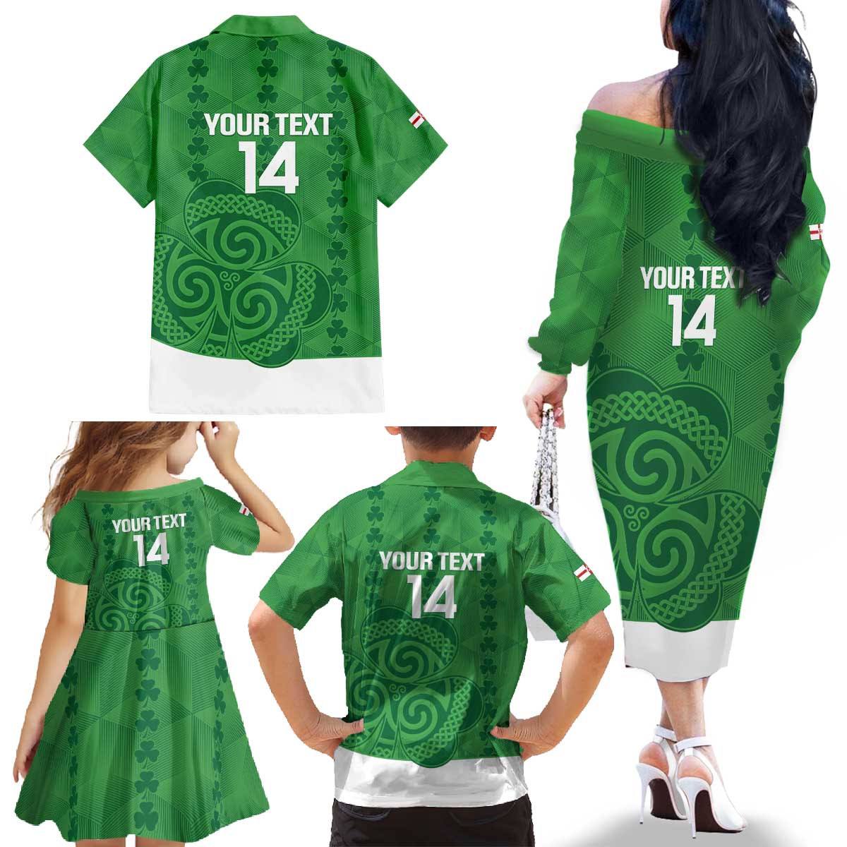 Custom Northern Ireland Family Matching Off The Shoulder Long Sleeve Dress and Hawaiian Shirt Go Green and White Army