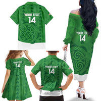 Custom Northern Ireland Family Matching Off The Shoulder Long Sleeve Dress and Hawaiian Shirt Go Green and White Army