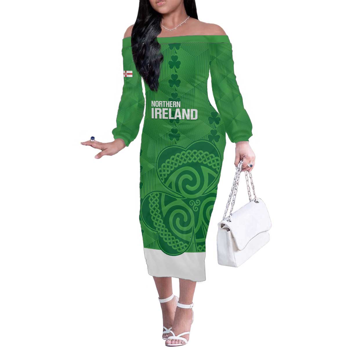 Custom Northern Ireland Family Matching Off The Shoulder Long Sleeve Dress and Hawaiian Shirt Go Green and White Army