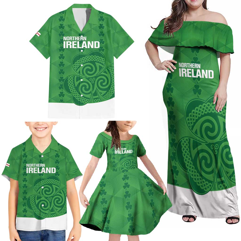 Custom Northern Ireland Family Matching Off Shoulder Maxi Dress and Hawaiian Shirt Go Green and White Army