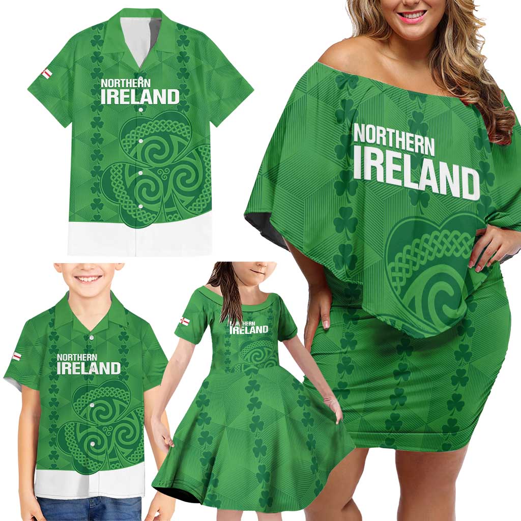 Custom Northern Ireland Family Matching Off Shoulder Short Dress and Hawaiian Shirt Go Green and White Army