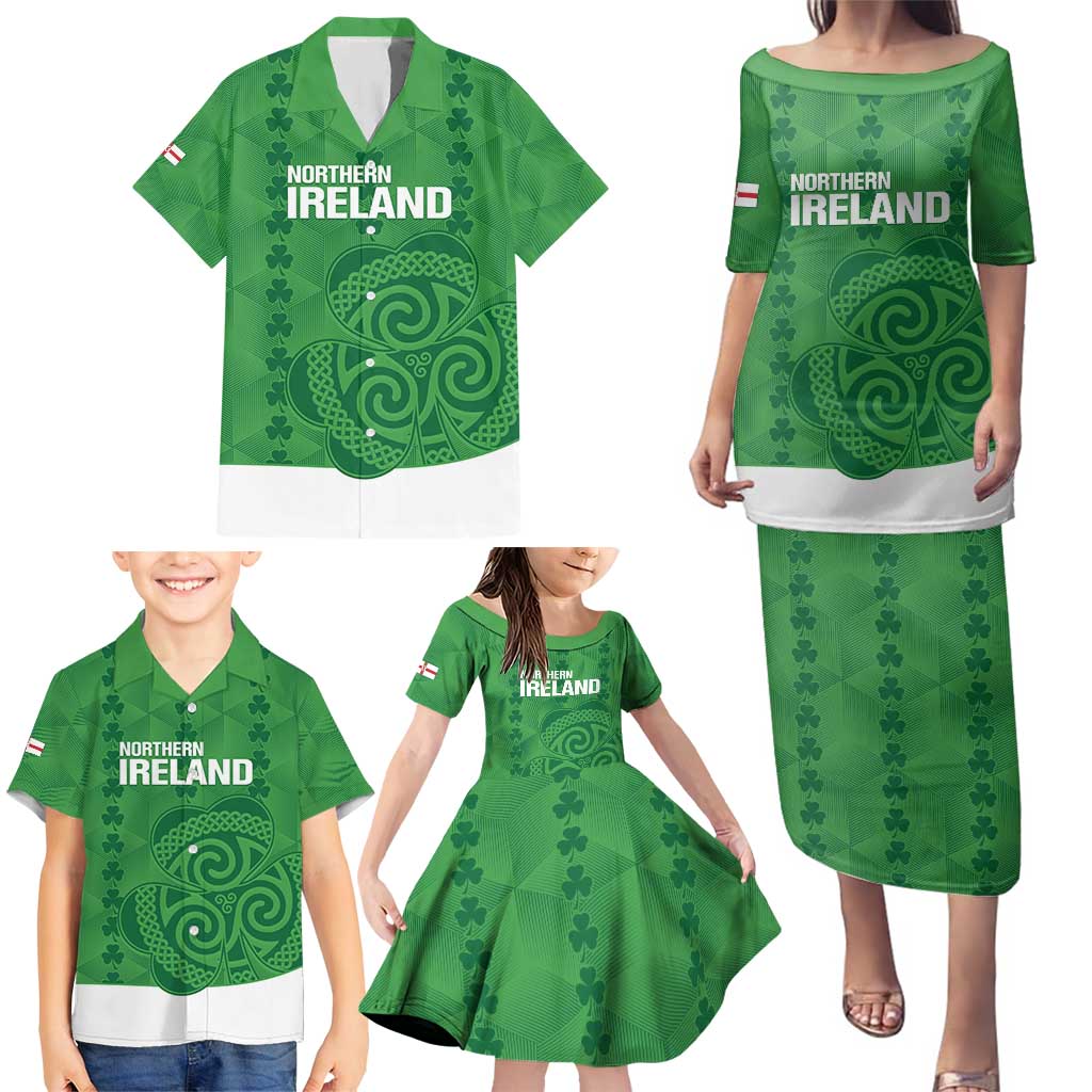 Custom Northern Ireland Family Matching Puletasi and Hawaiian Shirt Go Green and White Army