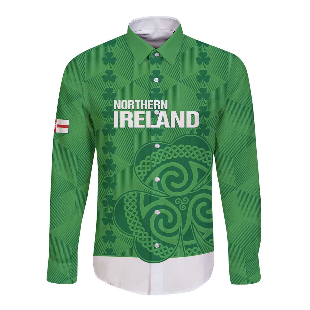 Custom Northern Ireland Long Sleeve Button Shirt Go Green and White Army
