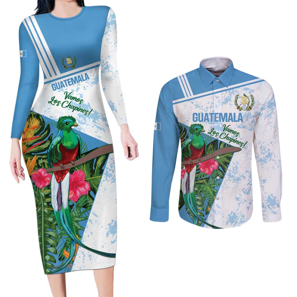 Custom Guatemala Football Couples Matching Long Sleeve Bodycon Dress and Long Sleeve Button Shirt Vamos Los Chapines! LT14