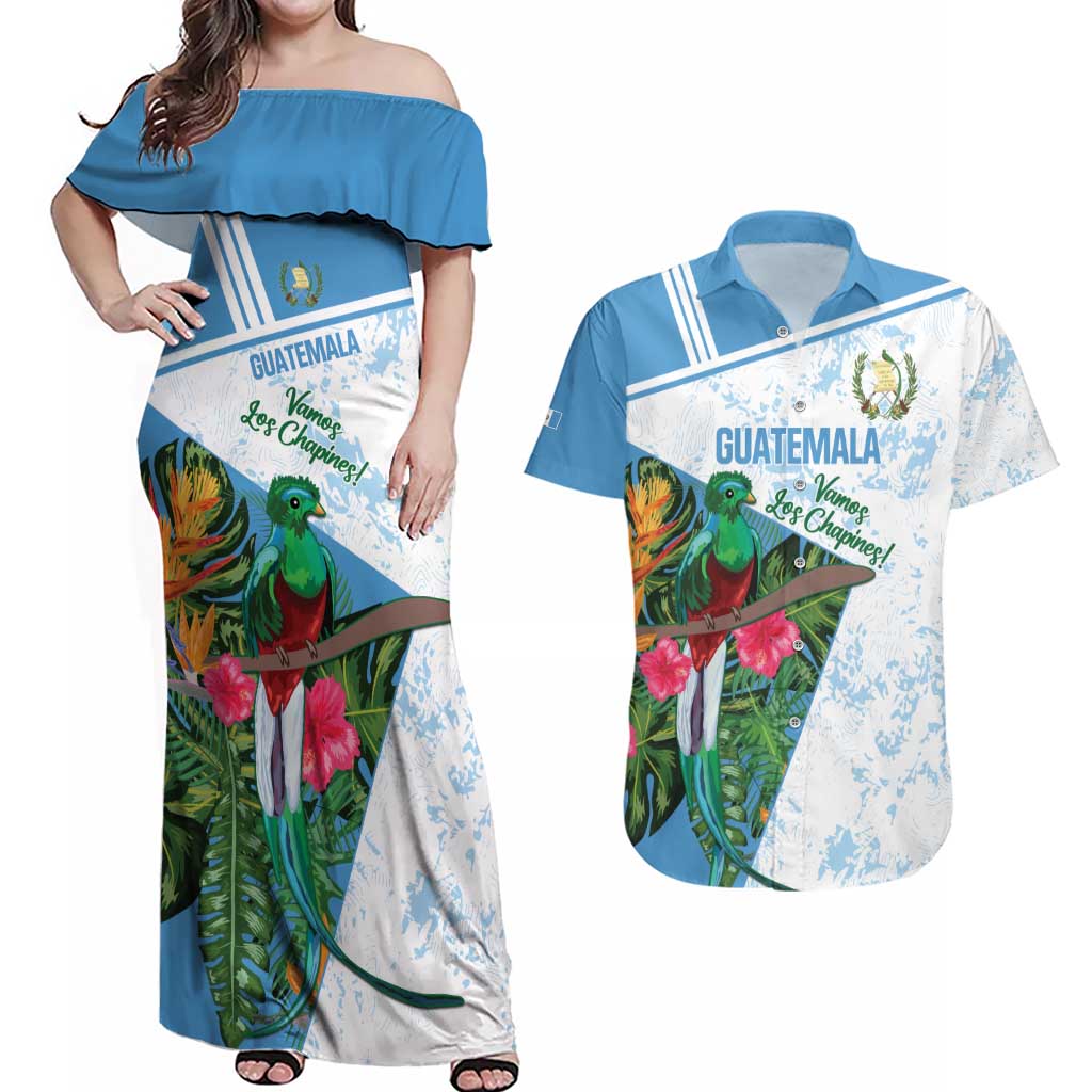 Custom Guatemala Football Couples Matching Off Shoulder Maxi Dress and Hawaiian Shirt Vamos Los Chapines! LT14