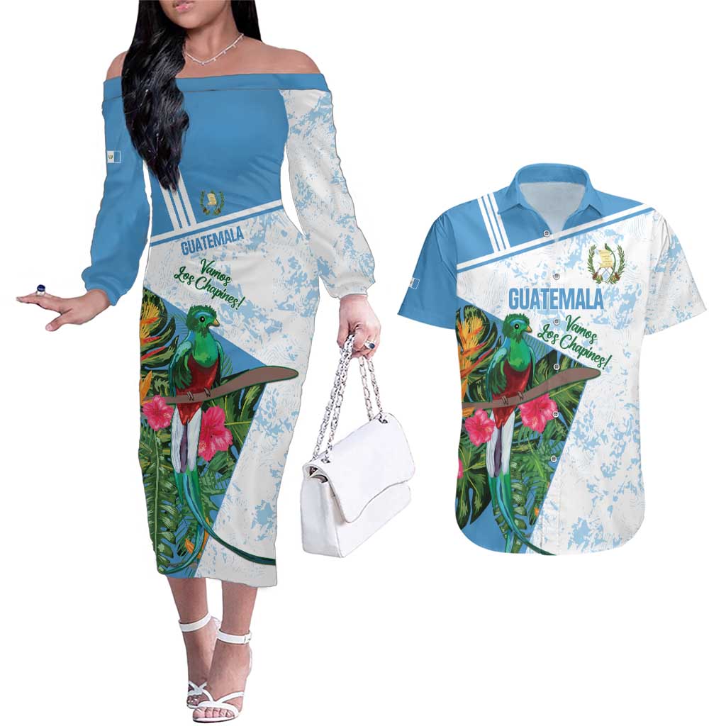 Custom Guatemala Football Couples Matching Off The Shoulder Long Sleeve Dress and Hawaiian Shirt Vamos Los Chapines! LT14