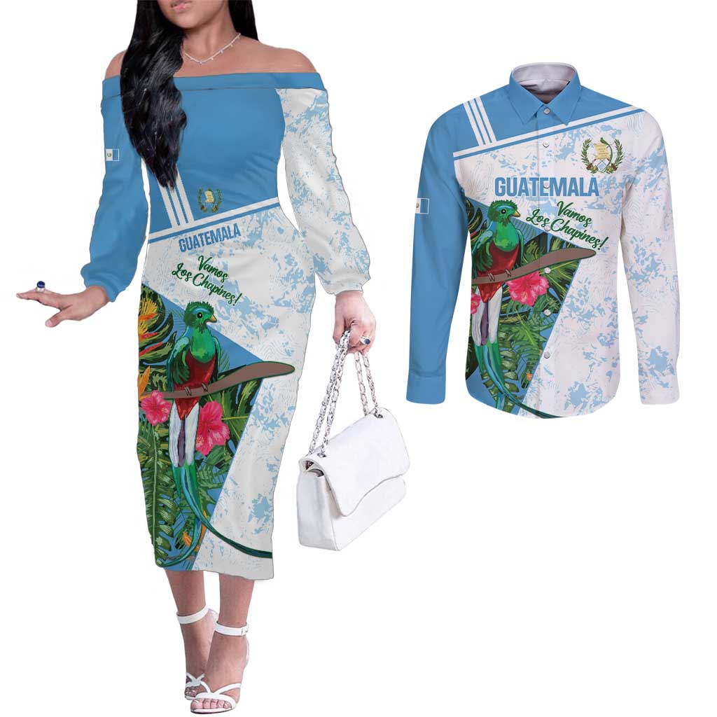 Custom Guatemala Football Couples Matching Off The Shoulder Long Sleeve Dress and Long Sleeve Button Shirt Vamos Los Chapines! LT14