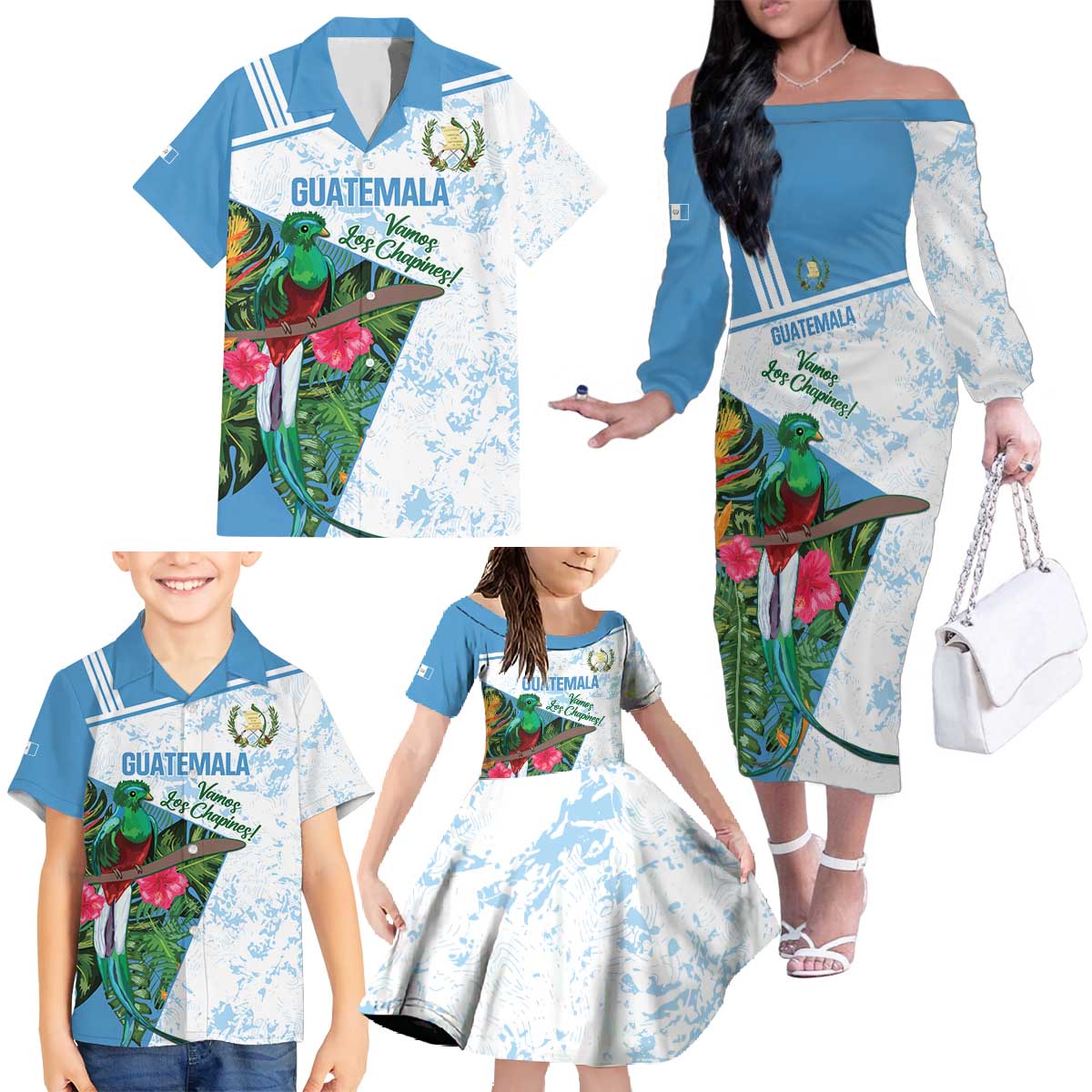 Custom Guatemala Football Family Matching Off The Shoulder Long Sleeve Dress and Hawaiian Shirt Vamos Los Chapines! LT14