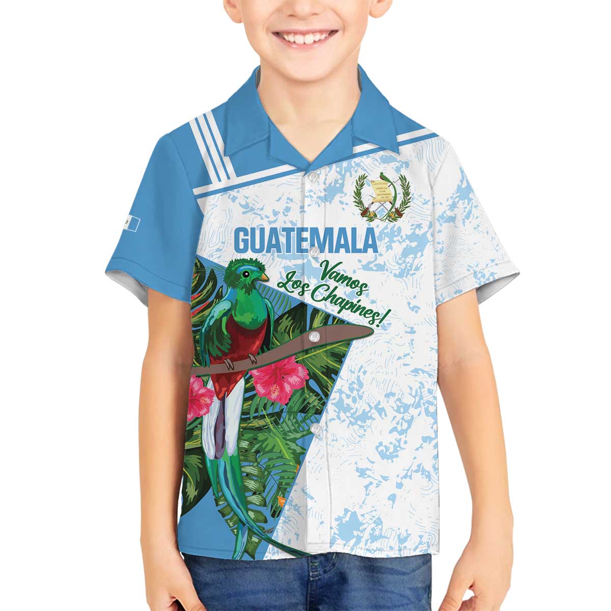 Custom Guatemala Football Family Matching Off The Shoulder Long Sleeve Dress and Hawaiian Shirt Vamos Los Chapines! LT14