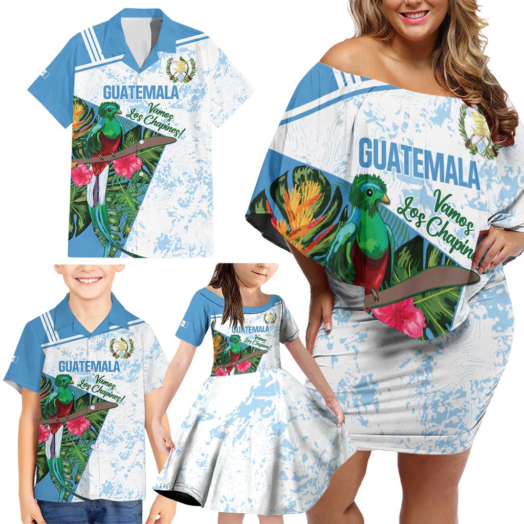 Custom Guatemala Football Family Matching Off Shoulder Short Dress and Hawaiian Shirt Vamos Los Chapines! LT14