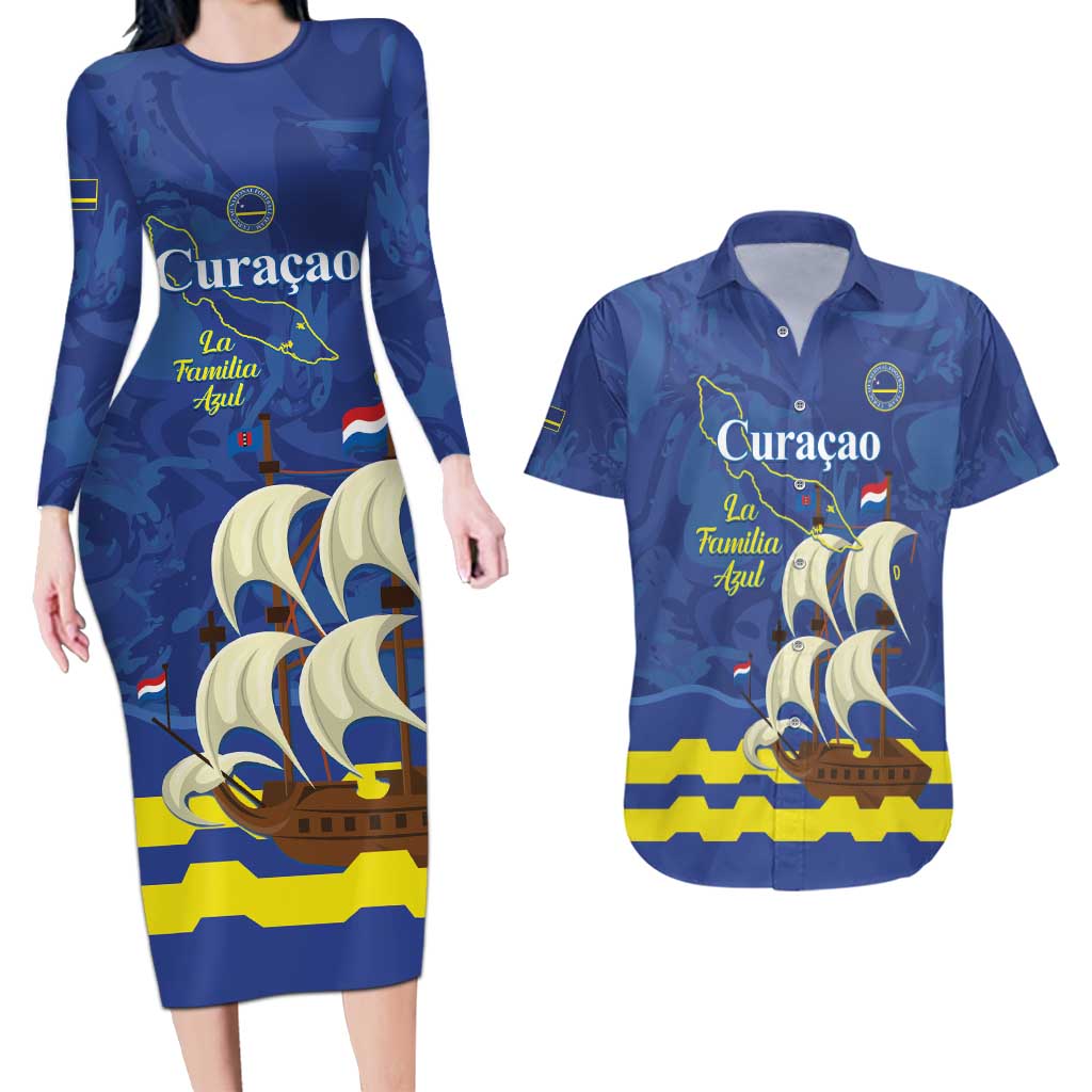 Custom Curacao Football Couples Matching Long Sleeve Bodycon Dress and Hawaiian Shirt La Familia Azul