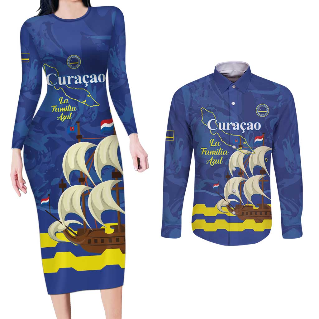 Custom Curacao Football Couples Matching Long Sleeve Bodycon Dress and Long Sleeve Button Shirt La Familia Azul