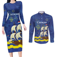 Custom Curacao Football Couples Matching Long Sleeve Bodycon Dress and Long Sleeve Button Shirt La Familia Azul