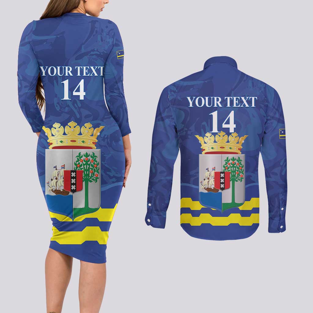 Custom Curacao Football Couples Matching Long Sleeve Bodycon Dress and Long Sleeve Button Shirt La Familia Azul