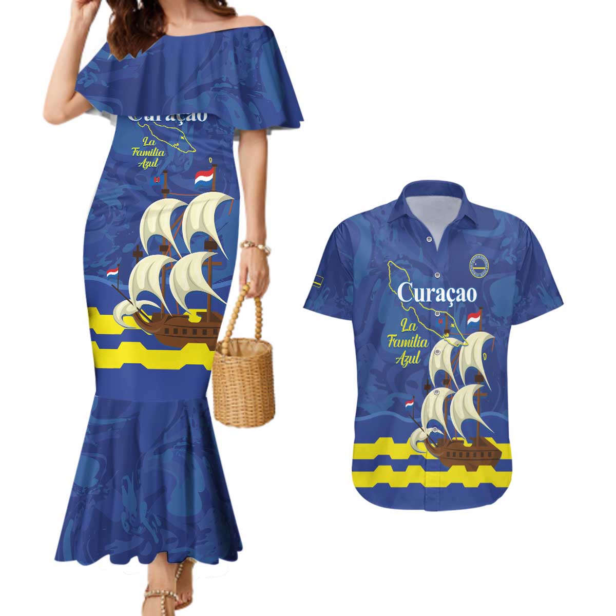 Custom Curacao Football Couples Matching Mermaid Dress and Hawaiian Shirt La Familia Azul