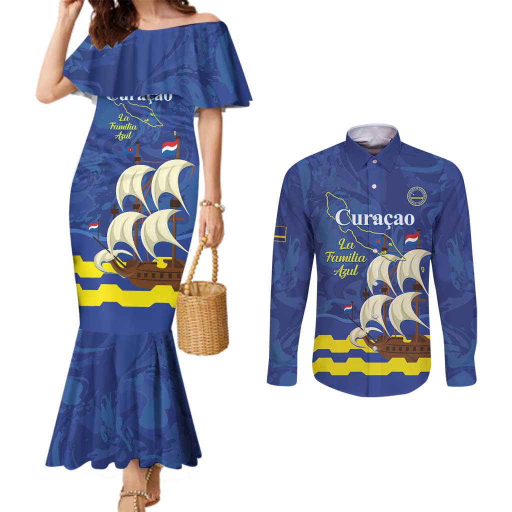 Custom Curacao Football Couples Matching Mermaid Dress and Long Sleeve Button Shirt La Familia Azul