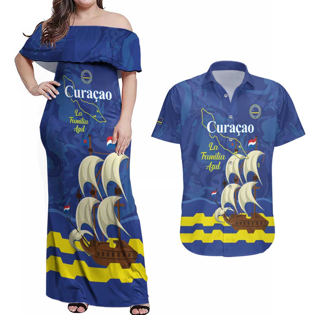 Custom Curacao Football Couples Matching Off Shoulder Maxi Dress and Hawaiian Shirt La Familia Azul