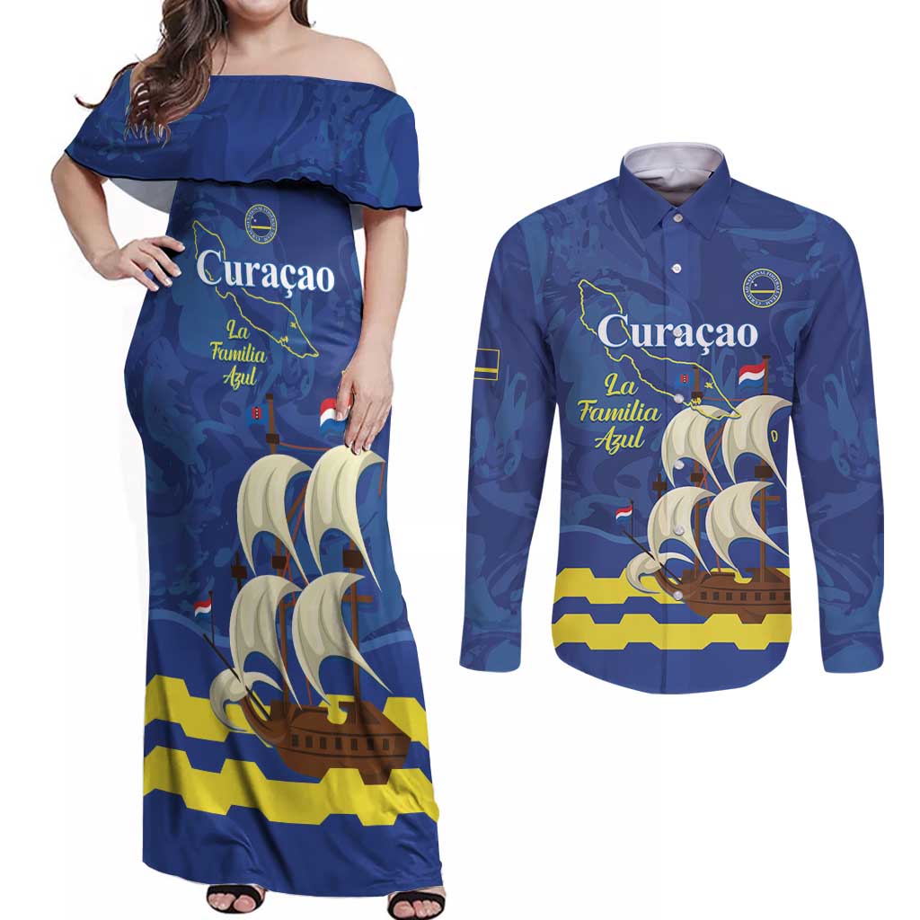 Custom Curacao Football Couples Matching Off Shoulder Maxi Dress and Long Sleeve Button Shirt La Familia Azul