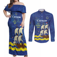 Custom Curacao Football Couples Matching Off Shoulder Maxi Dress and Long Sleeve Button Shirt La Familia Azul